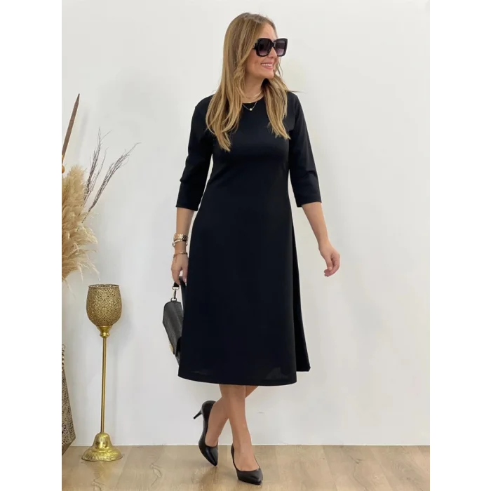 Kadın Uzun Truvakar Kol Bisiklet Yaka Midi Modal Elbise