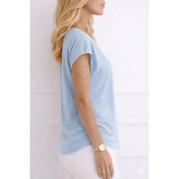 Kadın V Yaka Kısa Kol Dokuma Viskon Kumaş Bluz