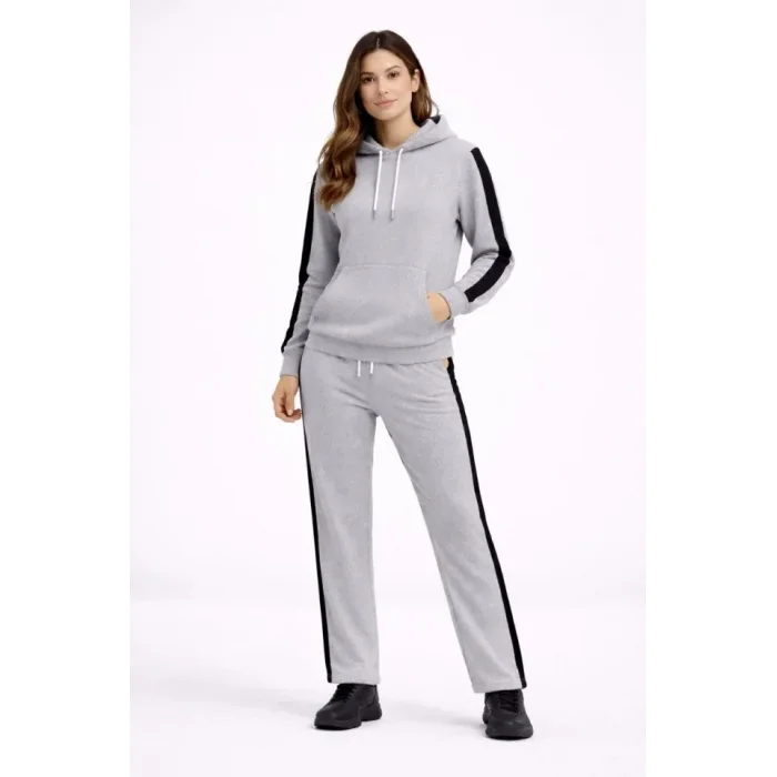 KADIN Yandan Şeritli Eşofman Takım Kapüşonlu Sweatshirt Boru Paça Alt, Oversize 3 Iplik Pamuklu - Gri