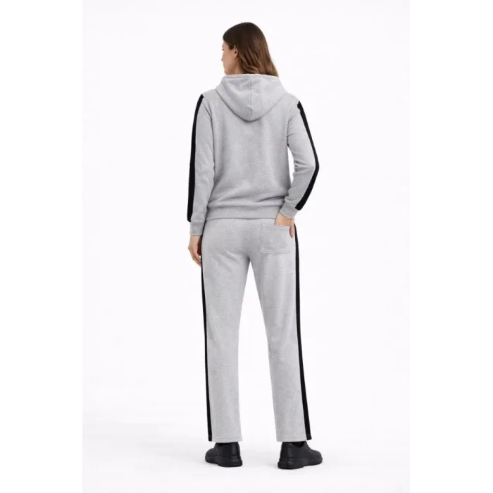 KADIN Yandan Şeritli Eşofman Takım Kapüşonlu Sweatshirt Boru Paça Alt, Oversize 3 Iplik Pamuklu - Gri