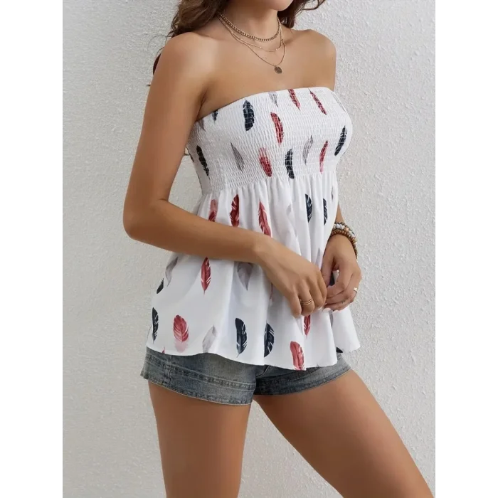 Kadın Yaprak Desenli Göğsü Gipeli Mosskrep Straplez Bluz