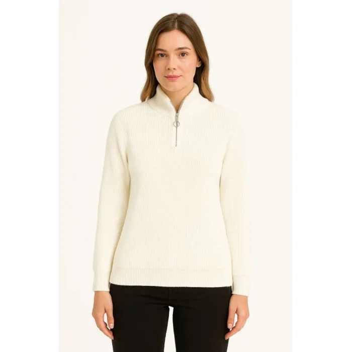 KADIN Yarım Fermuarlı Triko Kazak – Selanik Örgü, Dik Yaka, Pamuklu Dokuma, Oversize Uzun Kollu Kışlık Model - Beyaz