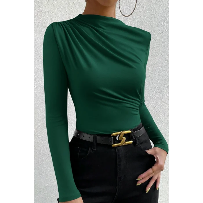 Kadın Yeşil Belden ve Boyundan Büzgü Detaylı Uzun Kollu Bluz