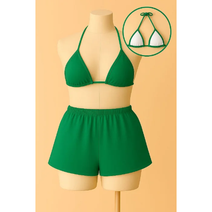 Kadın Yeşil Şortlu Belden ve Boyundan Bağlamalı Bikini Takımı – Modern, Konforlu ve Günlük Kombinlere Uygun