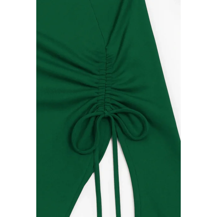 Kadın Yeşil Uzun İspanyol Kollu Asimetirik Yaka Yandan Bağlamalı Drapeli Bluz