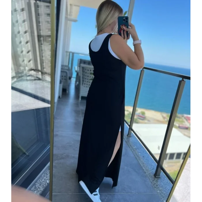 Kadın Yırtmaç Detaylı Viskon Kumaş Maxi Boy Cepli Iç Dahil Ikili Elbise