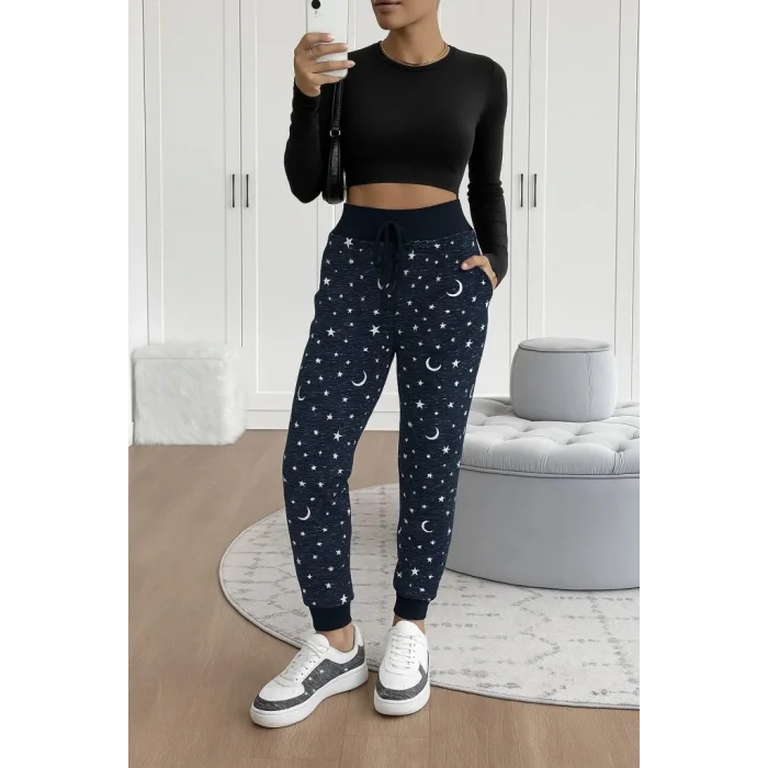 Kadın Yüksek Bel Bağcıklı Desenli Iki Iplik Pantolon