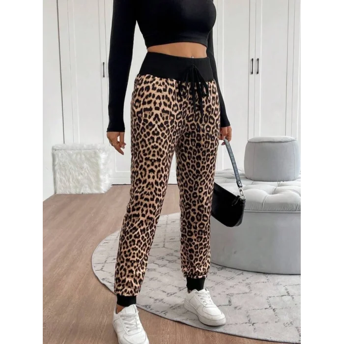 Kadın Yüksek Bel Bağcıklı Desenli Iki Iplik Pantolon