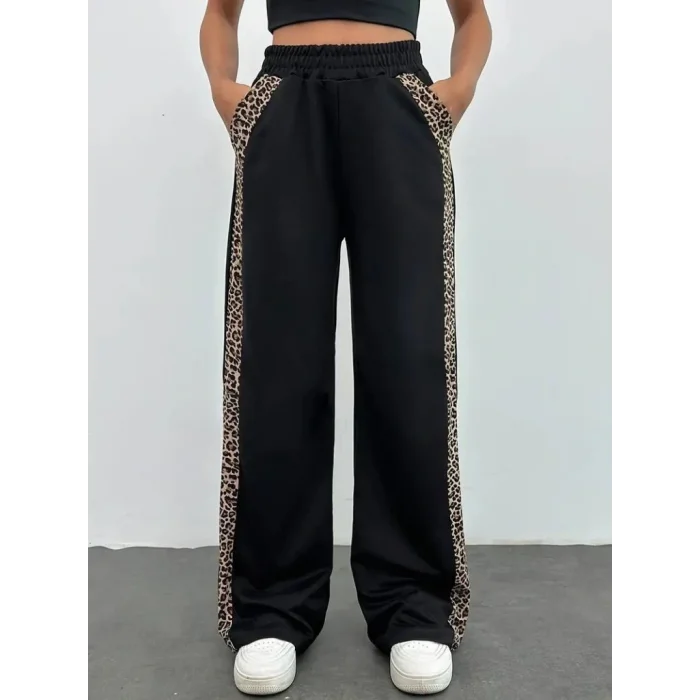 Kadın Yüksek Bel Bağcıklı Yanları Leopar Desenli Viskon Iki Iplik Pantolon