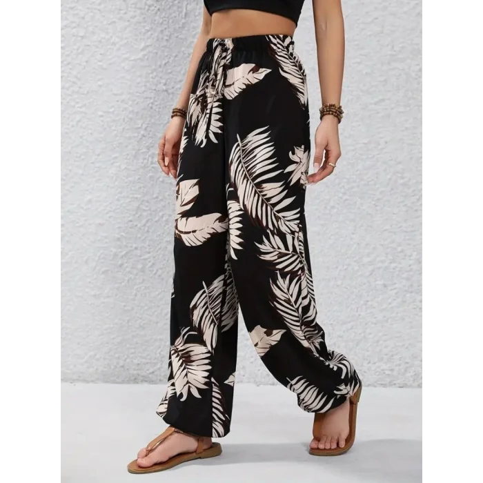 Kadın Yüksek Bel Bağcıklı Yaprak Desenli Süprem Pantolon
