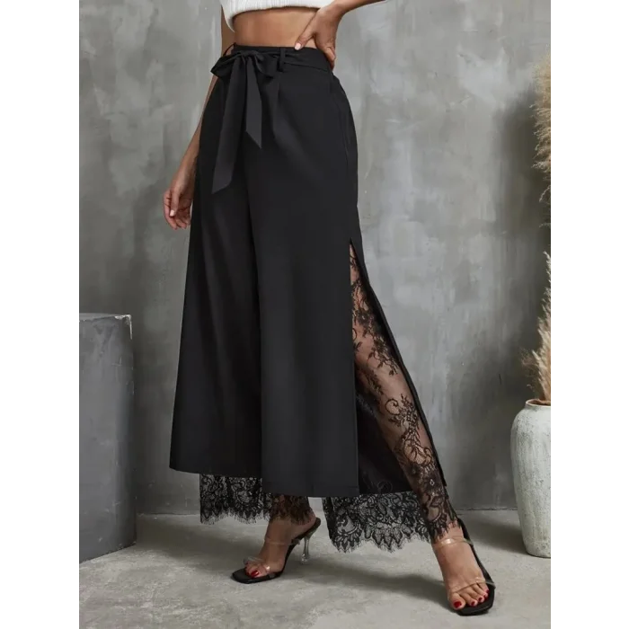 Kadın Yüksek Bel Belden Kuşaklı üst Dalgıç Alt Dantel Detaylı Dalgıç Pantolon