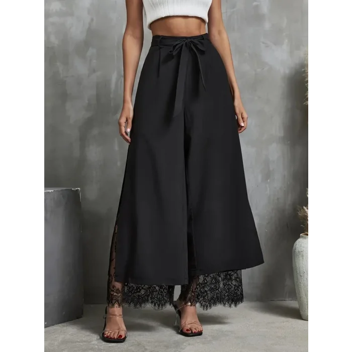 Kadın Yüksek Bel Belden Kuşaklı üst Dalgıç Alt Dantel Detaylı Dalgıç Pantolon
