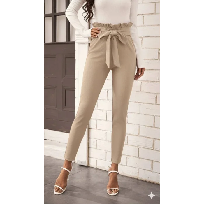 Kadın Yüksek Bel Beli Fırfırlı önden Bağlamalı Ithal Krep Pantolon