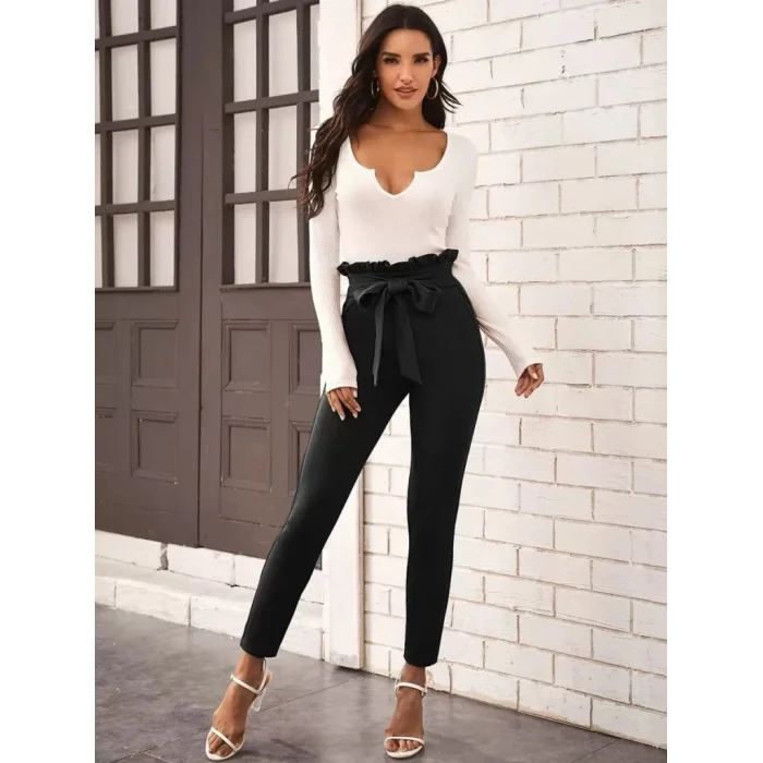 Kadın Yüksek Bel Beli Fırfırlı önden Bağlamalı Ithal Krep Pantolon