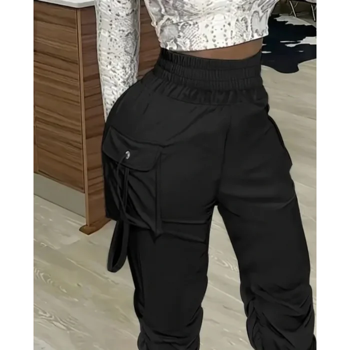 Kadın Yüksek Bel Beli Lastikli Kargo Cep Detaylı Gabardin Pantolon