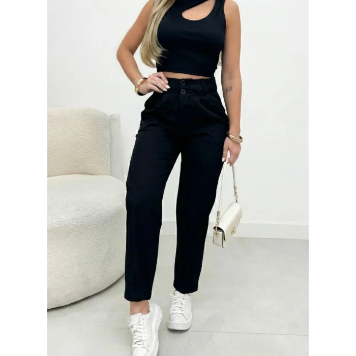 Kadın Yüksek Bel Cepli Paça Ağzı Pile Detaylı Ithal Krep Pantolon