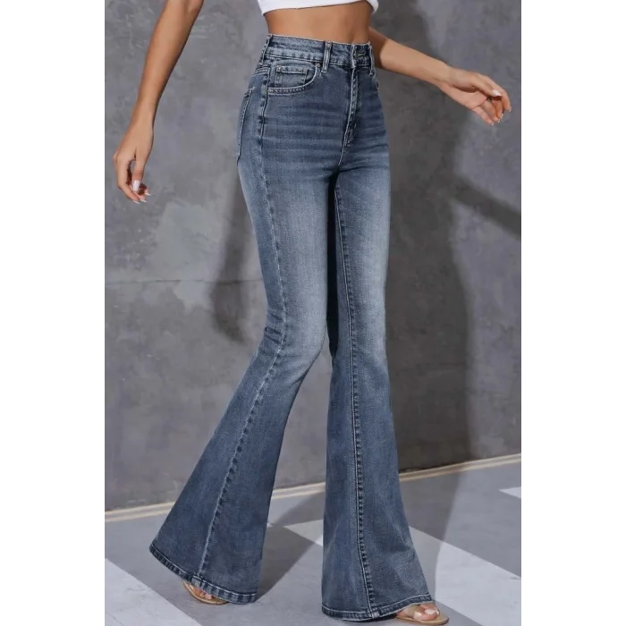 Kadın Yüksek Bel Fermuarlı İspanyol Paçalı Kot Pantolon