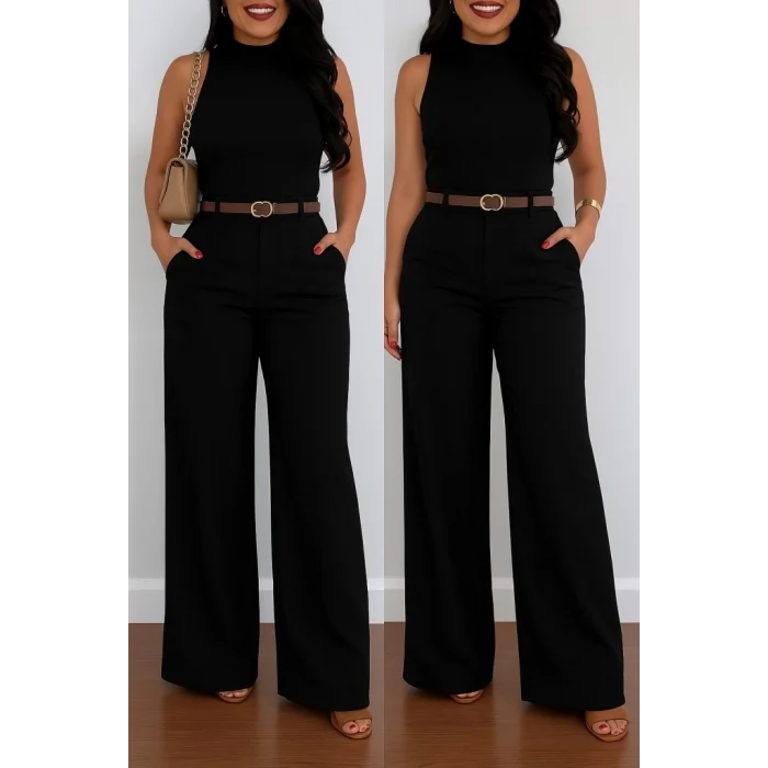 Kadın Yüksek Bel Geniş Paça Detaylı Cepli Ithal Krep Pantolon (kemersiz)