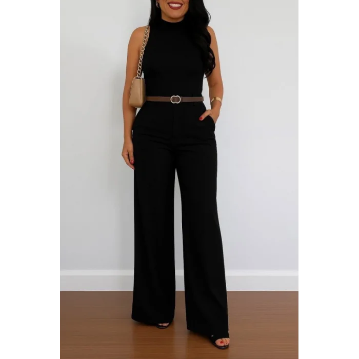Kadın Yüksek Bel Geniş Paça Detaylı Cepli Ithal Krep Pantolon