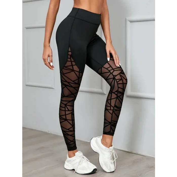 Kadın Yüksek Bel Geometrik Desen File Detaylı Dalgıç Tayt