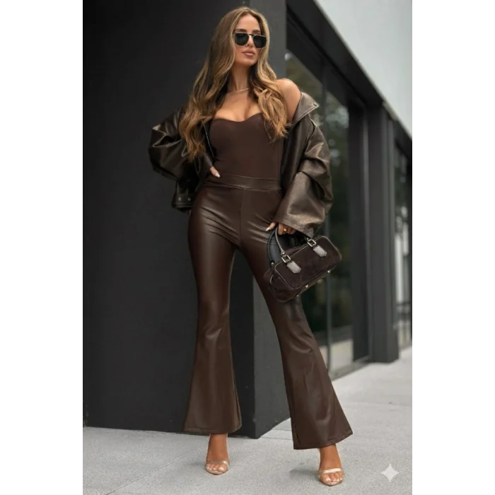 Kadın Yüksek Bel İspanyol Paçalı Deri Pantolon