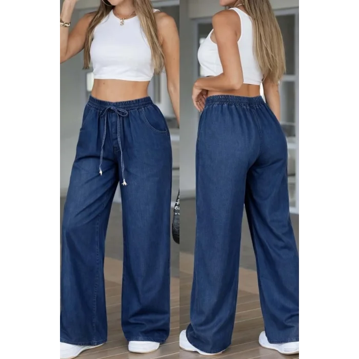 Kadın Yüksek Bel Lastikli Bağcıklı Kot Pantolon