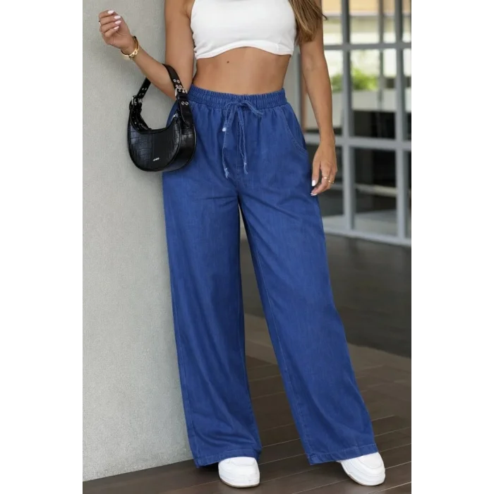 Kadın Yüksek Bel Lastikli Bağcıklı Kot Pantolon