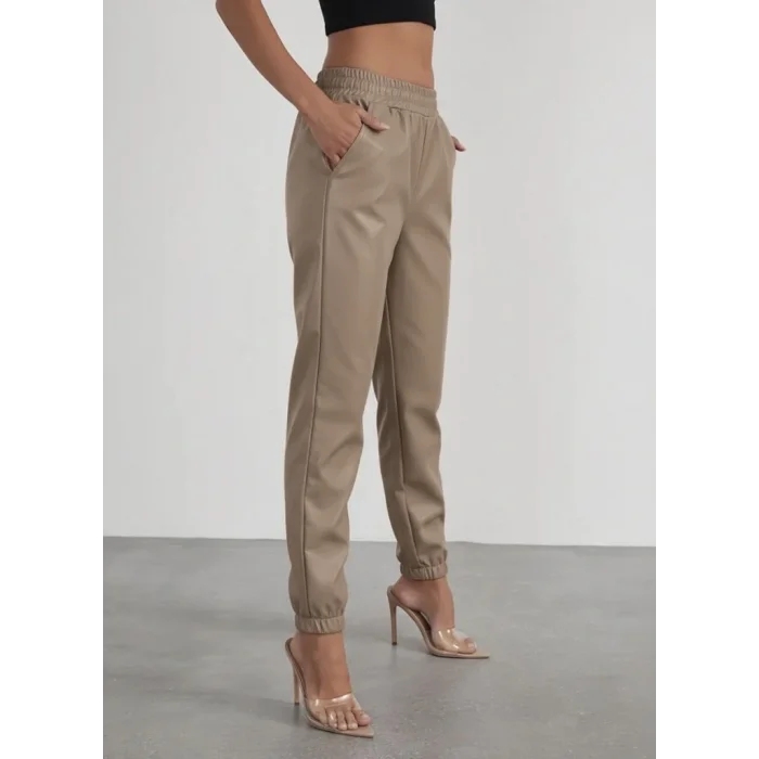 Kadın Yüksek Bel Lastikli önü Düğmeli Deri Pantolon