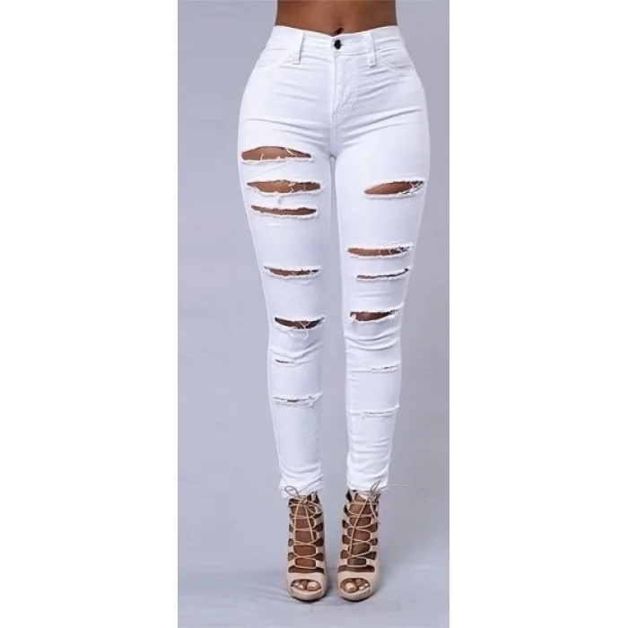 Kadın Yüksek Bel Lazer Yırtık Desenli Kot Pantolon