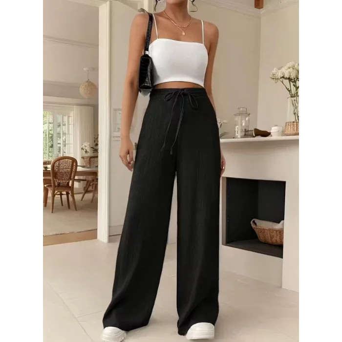 Kadın Yüksek Bel önden Bağlamalı Geniş Kesim Keten Pantolon