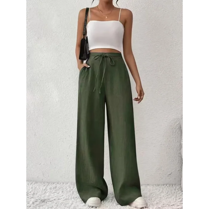 Kadın Yüksek Bel önden Bağlamalı Geniş Kesim Keten Pantolon
