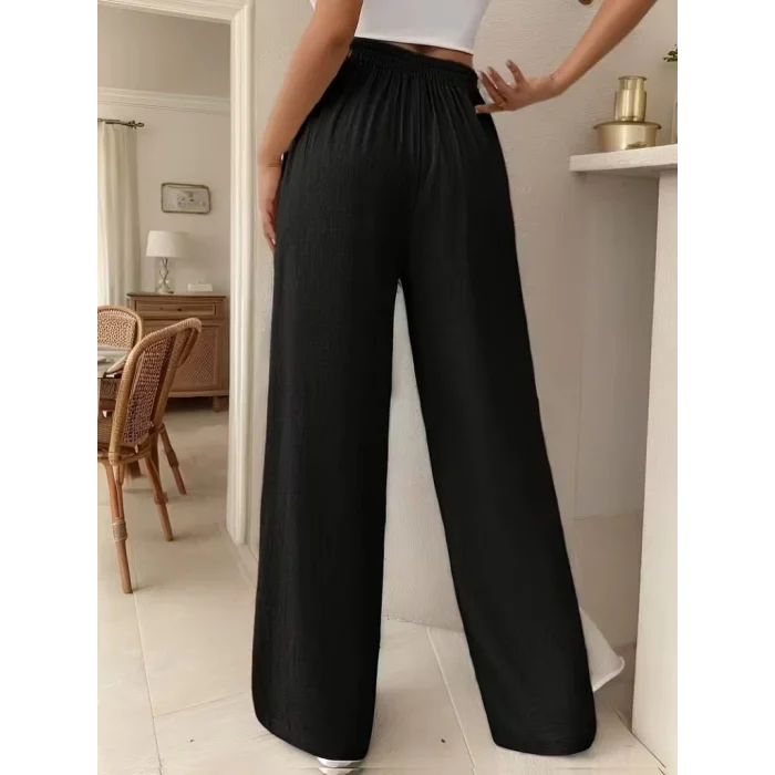 Kadın Yüksek Bel önden Bağlamalı Geniş Kesim Keten Pantolon