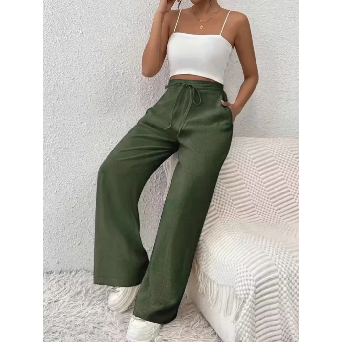 Kadın Yüksek Bel önden Bağlamalı Geniş Kesim Keten Pantolon