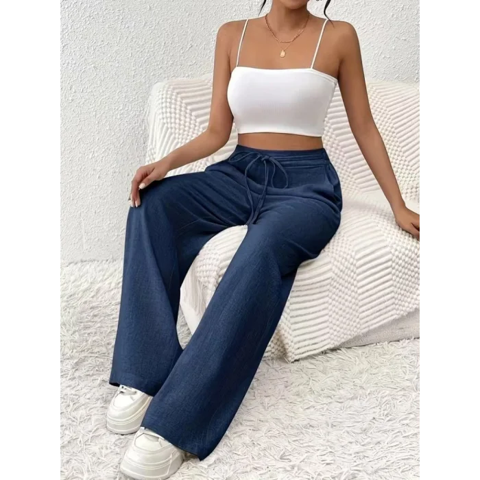 Kadın Yüksek Bel önden Bağlamalı Geniş Kesim Keten Pantolon