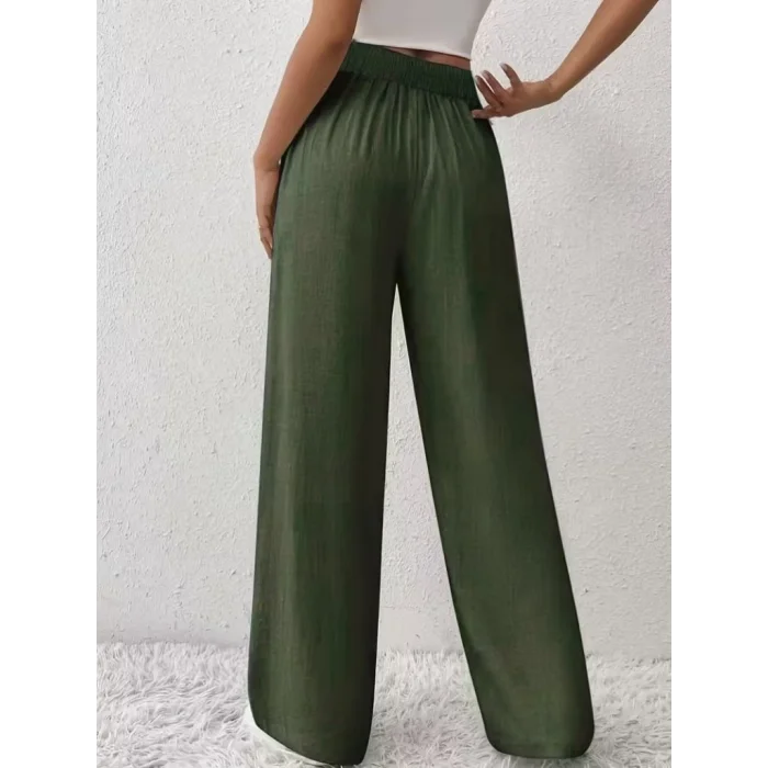 Kadın Yüksek Bel önden Bağlamalı Geniş Kesim Keten Pantolon