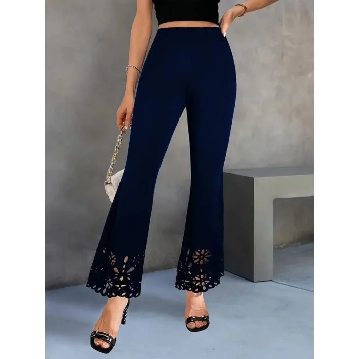 Kadın Yüksek Bel Paçaya Doğru Genişleyen Lazer çiçek Kesim Detaylı Ithal Krep Pantolon