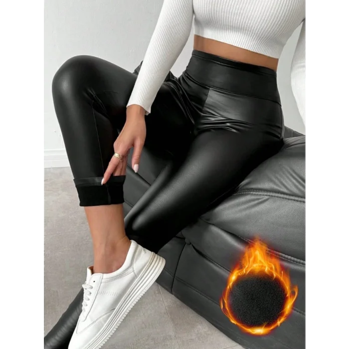 Kadın Yüksek Bel şardonlu Parlak Deri Tayt