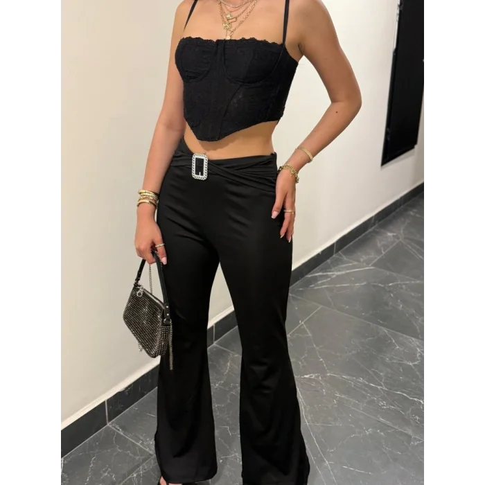 Kadın Yüksek Bel Tokalı Ispanyol Paçalı Dalgıç Pantolon