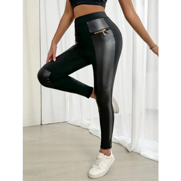 Kadın Yüksek Bel Yan şerit Deri Detay Fermuarlı Dalgıç Tayt