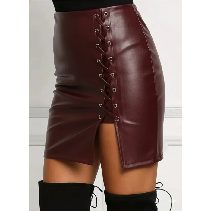 Kadın Yüksek Bel Yandan çapraz Bağcıklı Yırtmaçlı Mini Deri Etek