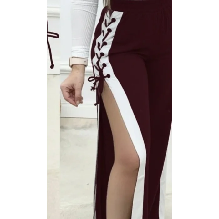 Kadın Yüksek Bel Yandan çapraz Bağcıklı Yırtmaçlı Viskon Iki Iplik Pantolon