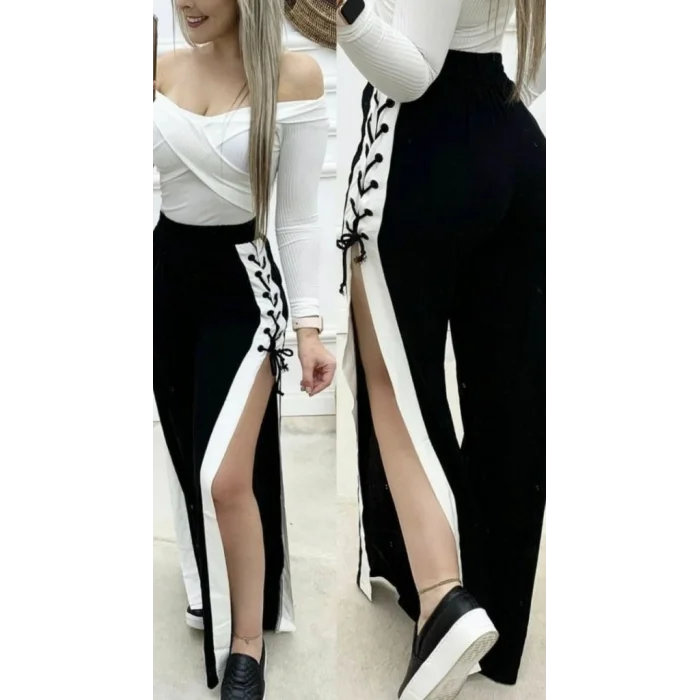 Kadın Yüksek Bel Yandan çapraz Bağcıklı Yırtmaçlı Viskon Iki Iplik Pantolon