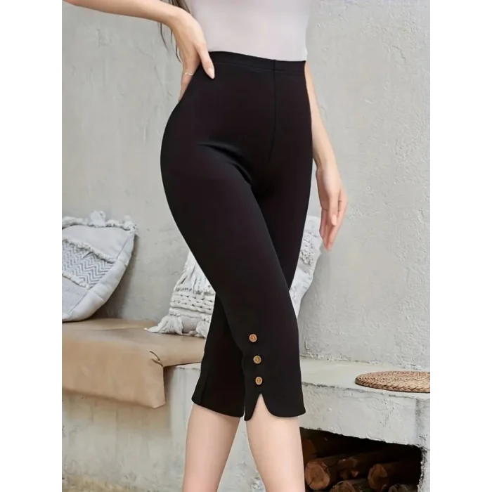 Kadın Yüksek Bel Yanlardan Düğmeli Kısa Ithal Krep Pantolon