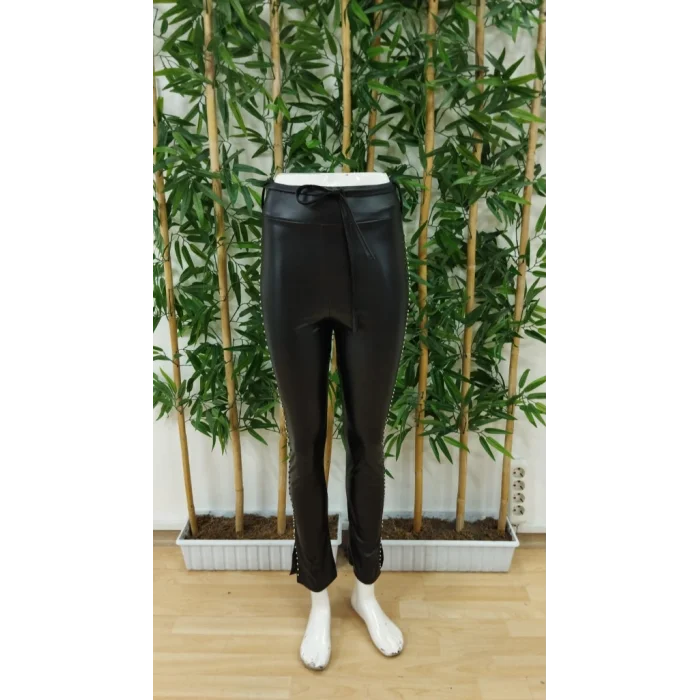 Kadın Yüksek Bel Yanlardan Incili Yırtmaçlı Uzun Deri Tayt