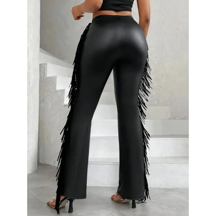 Kadın Yüksek Bel Yanlardan Püsküllü Deri Pantolon