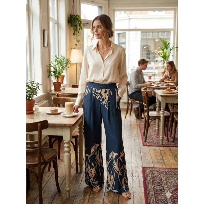 Kadın Yüksek Bel Yaprak Desenli Salaş Pantolon