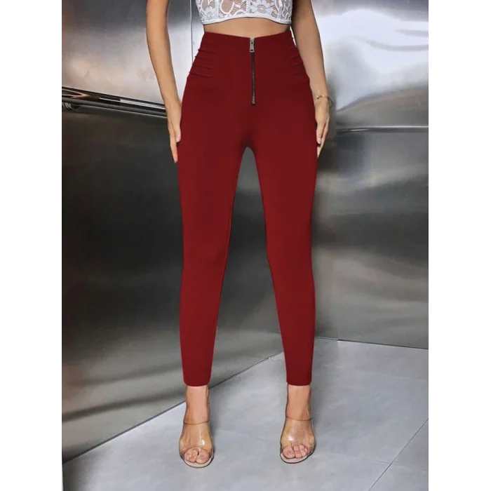 Kadın Yüksek Belli önden Fermuar Ve Nervur Detaylı Dalgıç Tayt