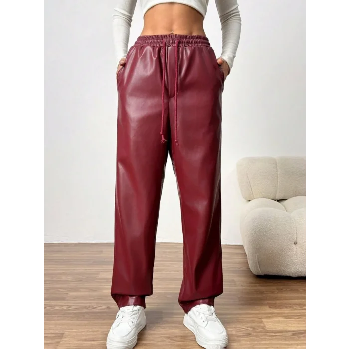Kadın Yüksel Bel Bağcıklı Deri Pantolon