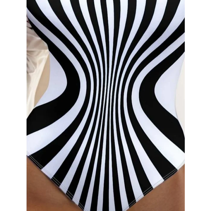 Kadın Yuvarlak Yaka Askılı Zebra Desen Baskılı Dalgıç Mayo