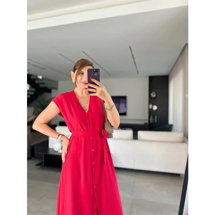 Kadınn V Yaka Düğme Detay Kuşak Dahil Elbise